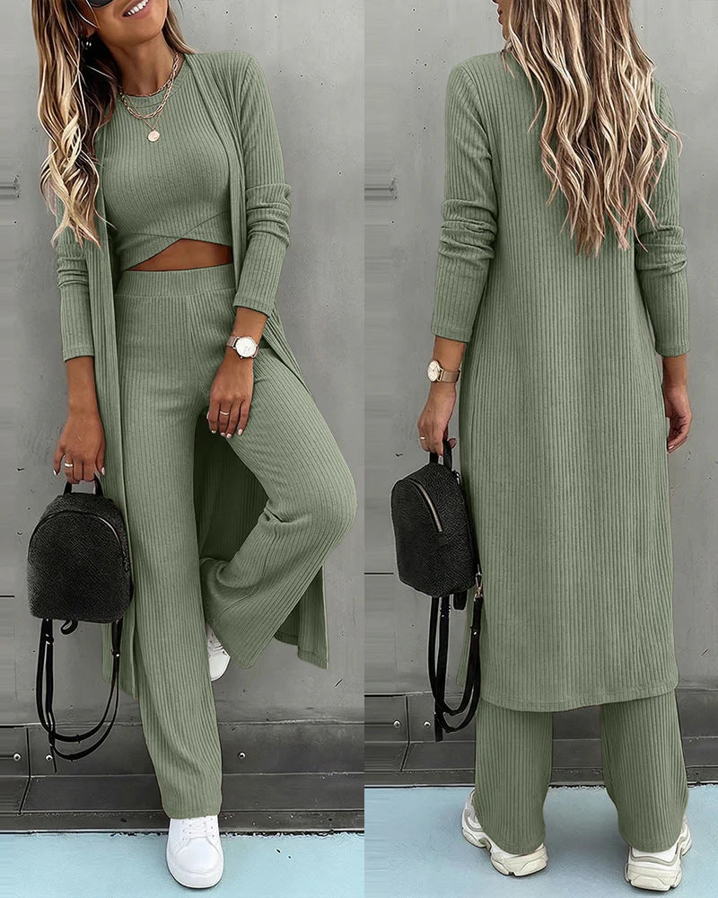 Damen Dreiteiliges Rippstrick-Loungewear-Set mit Longcardigan, bauchfreiem Top und weiter Palazzohose EB