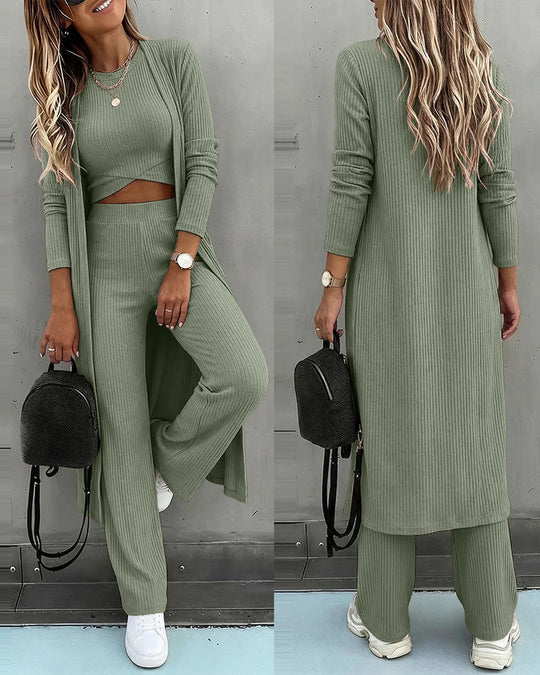 Damen Dreiteiliges Rippstrick-Loungewear-Set mit Longcardigan, bauchfreiem Top und weiter Palazzohose EB