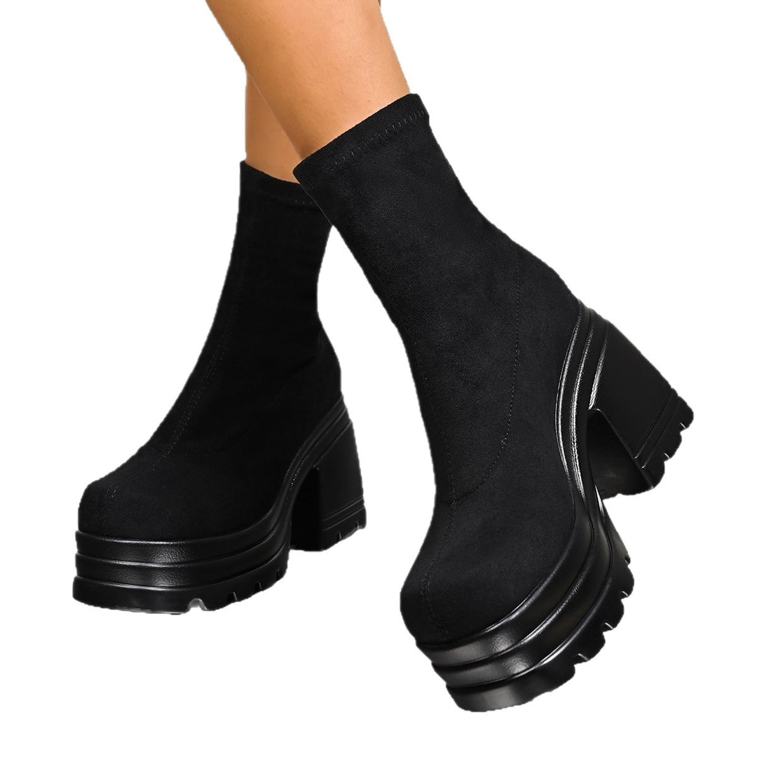 Damen Plateau Stiefeletten mit robuster Gummisohle und elastischem Schaft EB