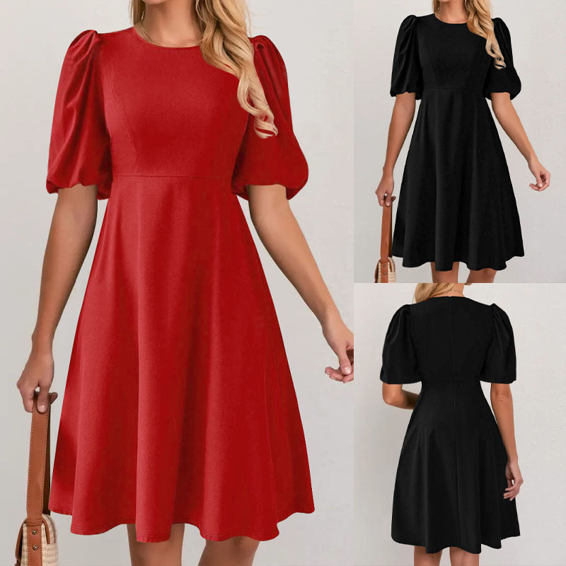 Damen Puffärmel Kleid mit fließendem Schnitt und Taillenbetonung EB