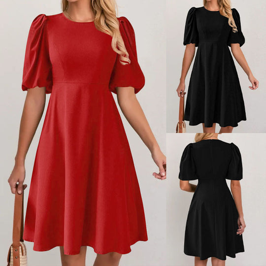 Damen Puffärmel Kleid mit fließendem Schnitt und Taillenbetonung EB