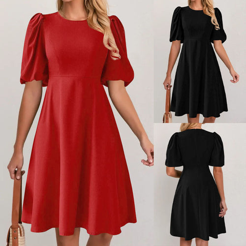 Damen Puffärmel Kleid mit fließendem Schnitt und Taillenbetonung EB