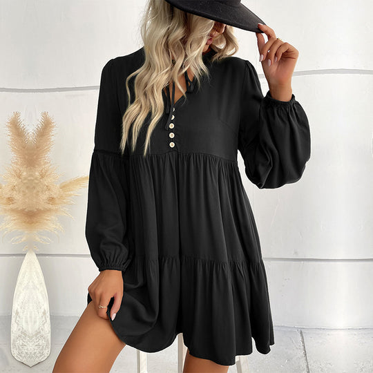Damen lässiges Kleid mit Knopfdetails und voluminösen Ärmeln EB
