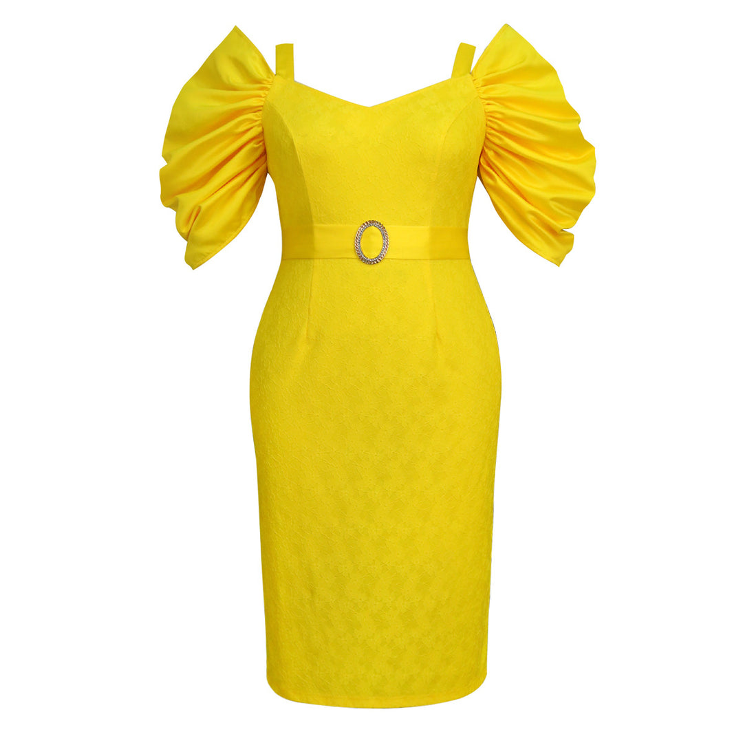 Damen figurbetontes Kleid mit voluminösen Puffärmeln und glitzerndem Gürtel EB