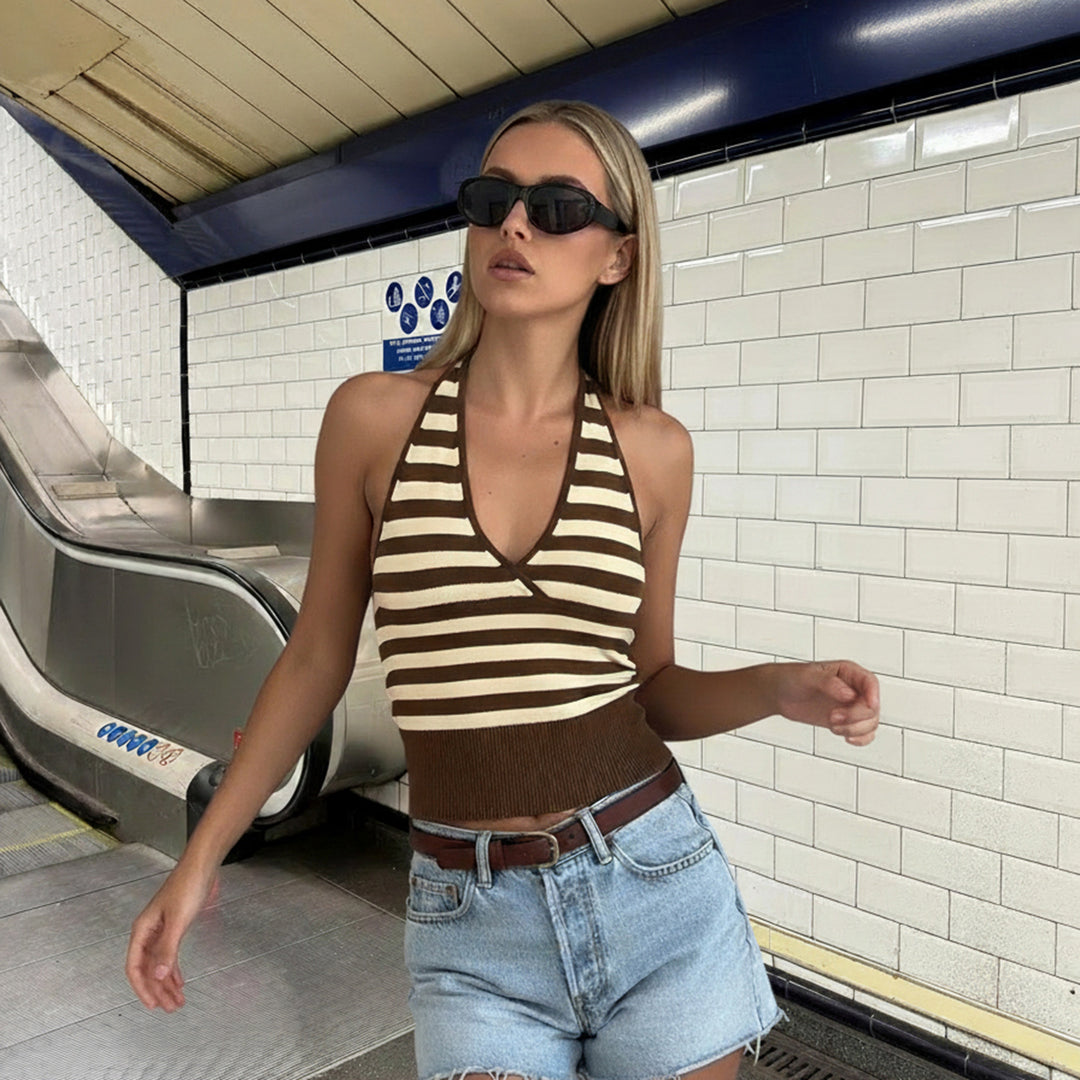 Damen sportliches Crop-Top mit verstellbarem Rückendesign und kontrastierenden Streifen EB