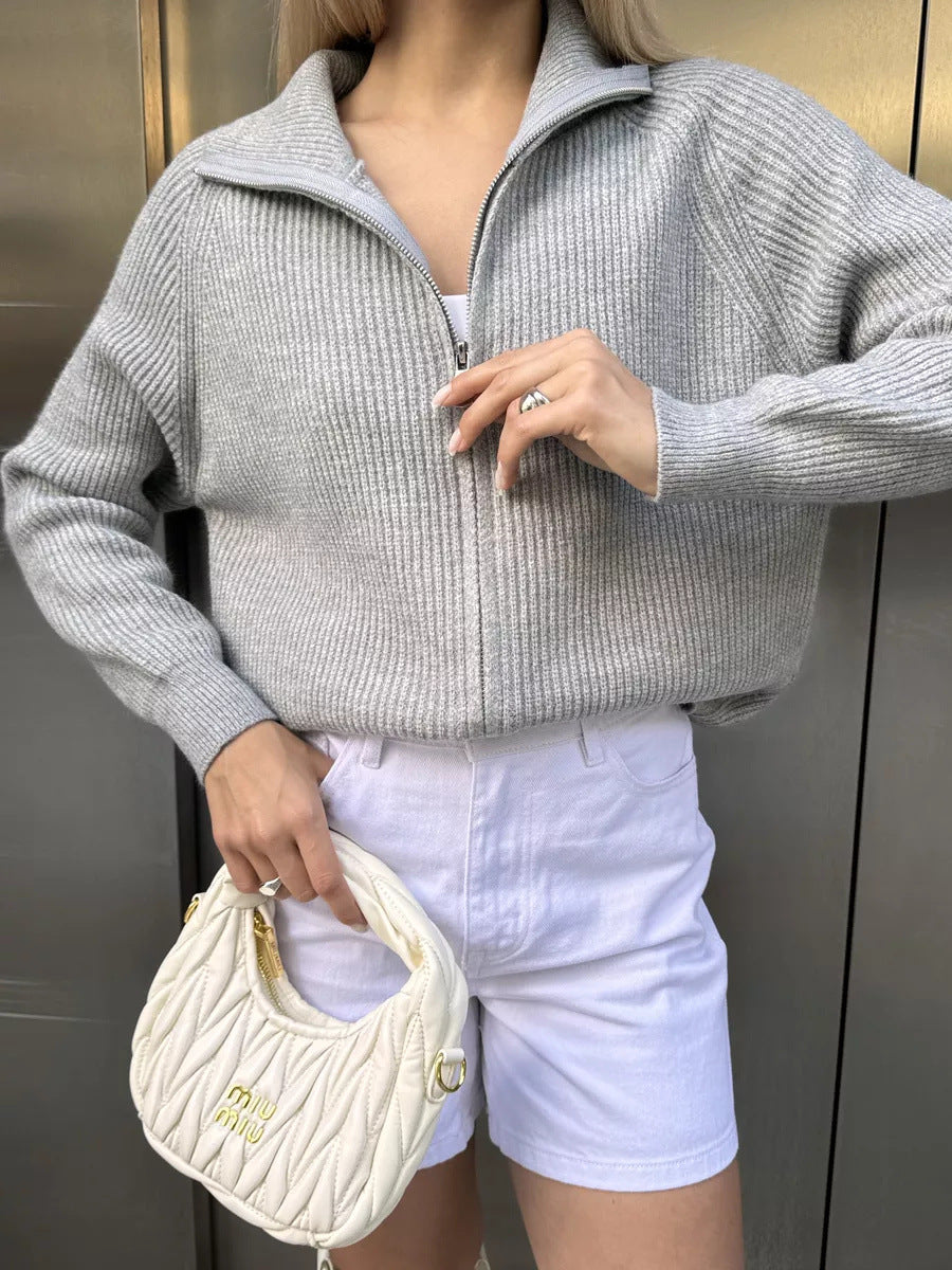 Damen Pullover mit hochschließendem Reißverschluss und strukturiertem Maschenmuster EB
