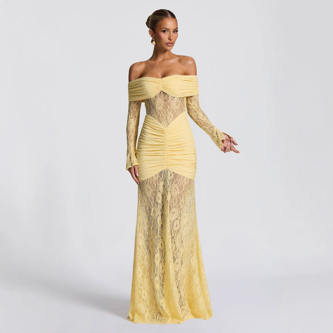 Damen elegantes Spitzenkleid mit Off-Shoulder-Ausschnitt und Raffungen EB