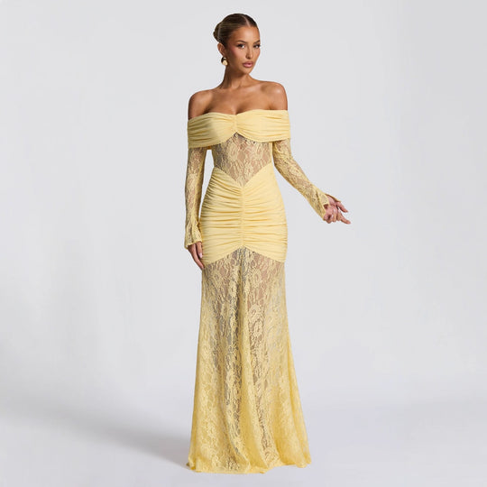 Damen elegantes Spitzenkleid mit Off-Shoulder-Ausschnitt und Raffungen EB