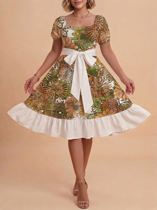 Damen modernes Blumenkleid mit elegantem Taillengürtel und asymmetrischem Saum EB