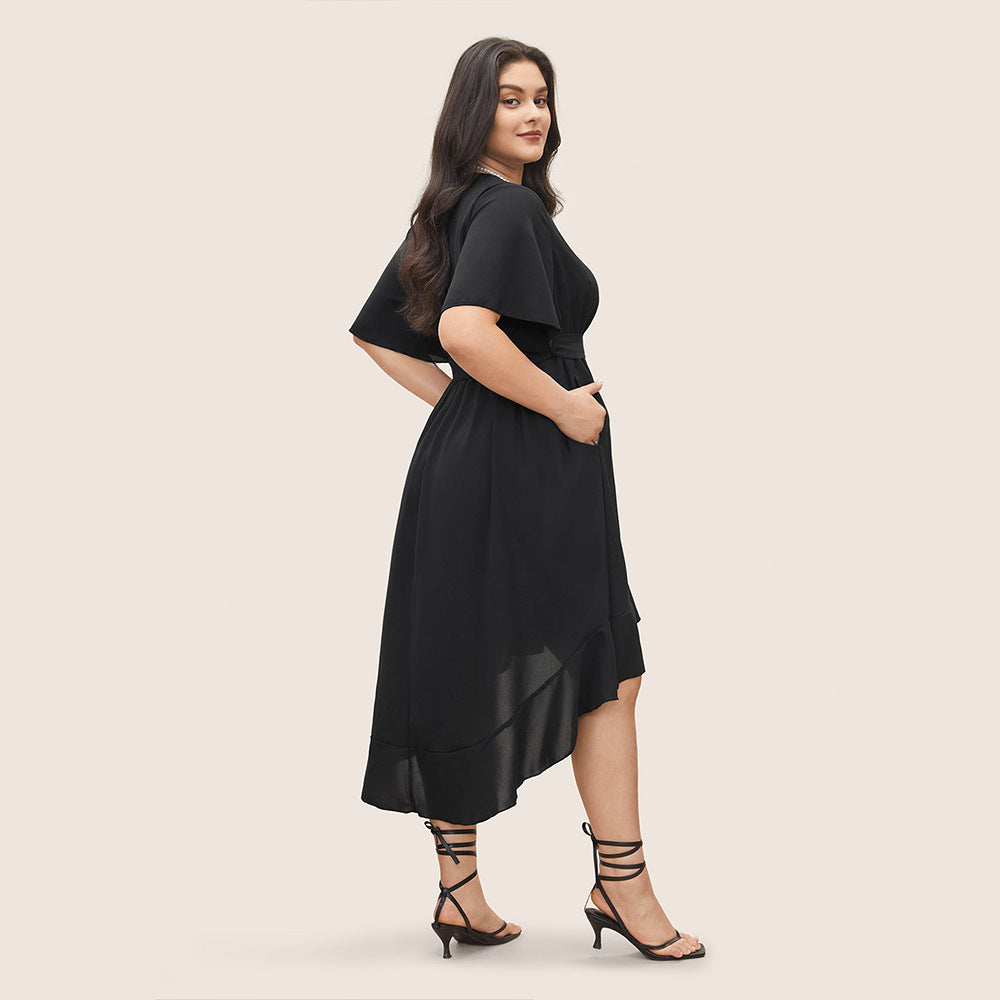Damen Elegantes Wickelkleid mit asymmetrischem Saum und taillierendem Gürtel EB