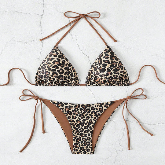 Damen Triangel-Bikini mit animalischem Muster und verstellbaren Bindebändern EB