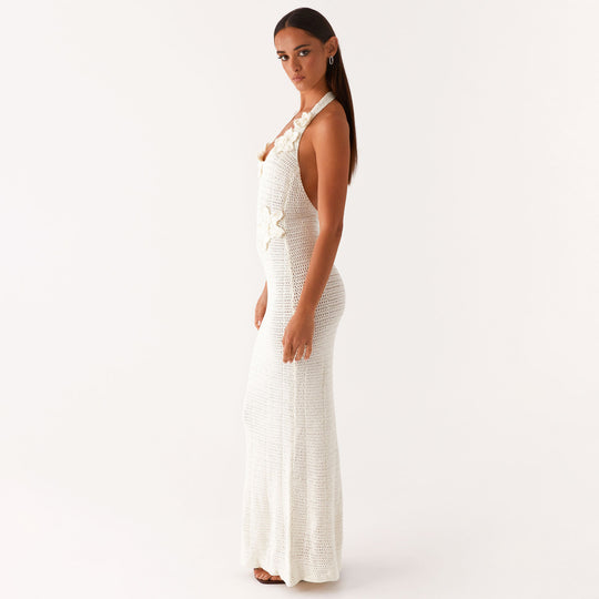 Damen häkel Maxi-Kleid mit floralem Design EB