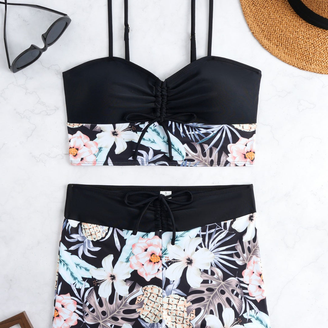 Damen Bikini-Set mit modischer Raffung und hoch taillierter Shorts EB