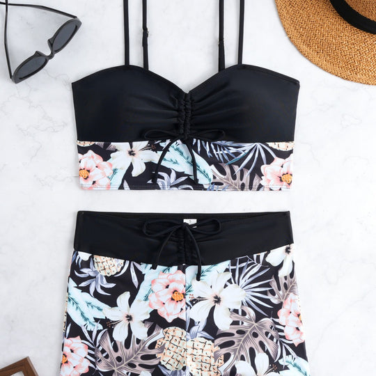 Damen Bikini-Set mit modischer Raffung und hoch taillierter Shorts EB