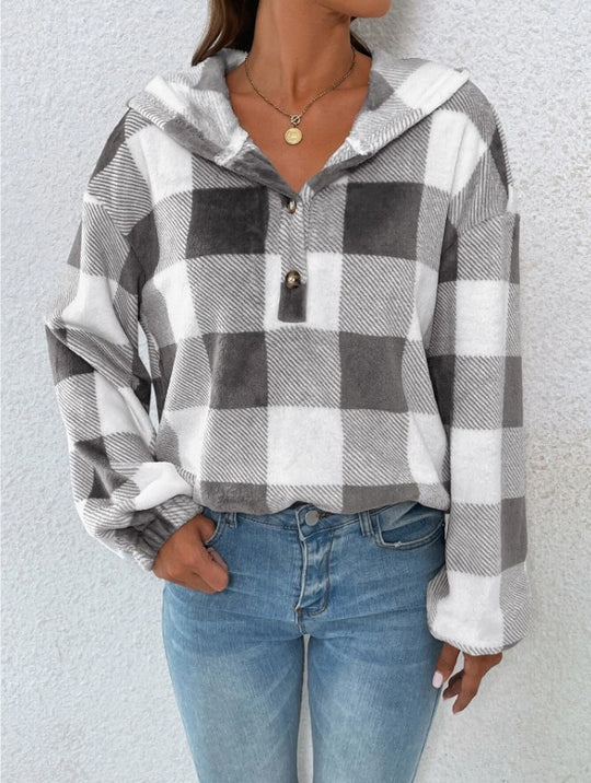 Damen Übergroßer Karierter Flanellpullover mit Kapuze EB