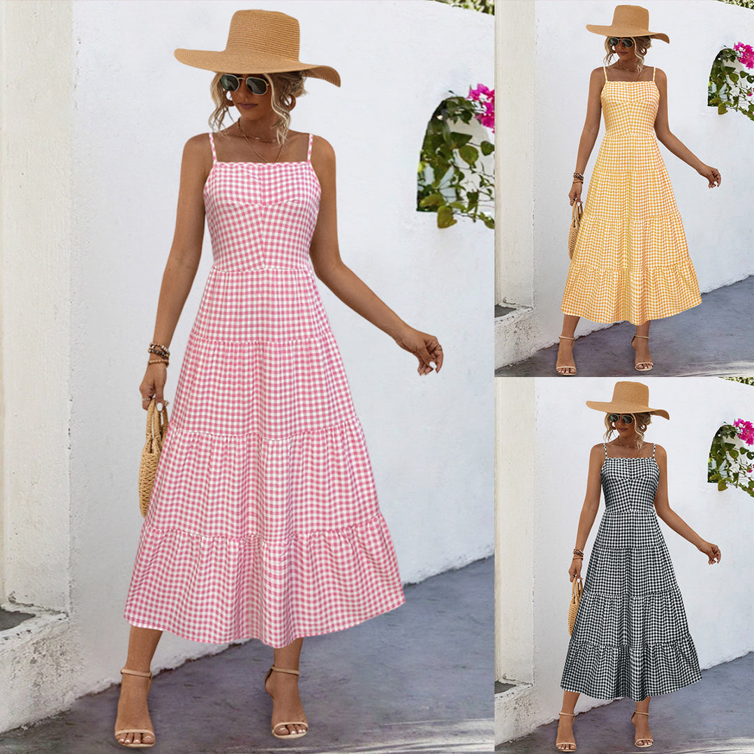 Damen Maxikleid im karierten Design mit Taillenakzent und Rüschensaum EB