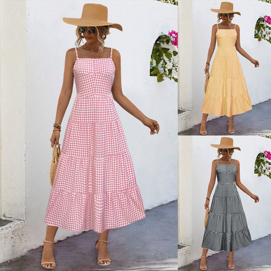 Damen Maxikleid im karierten Design mit Taillenakzent und Rüschensaum EB