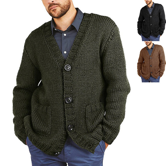 Herren Grobstrickjacke mit klassischem V-Ausschnitt und praktischen Taschen EB