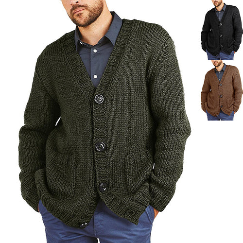 Herren Grobstrickjacke mit klassischem V-Ausschnitt und praktischen Taschen EB