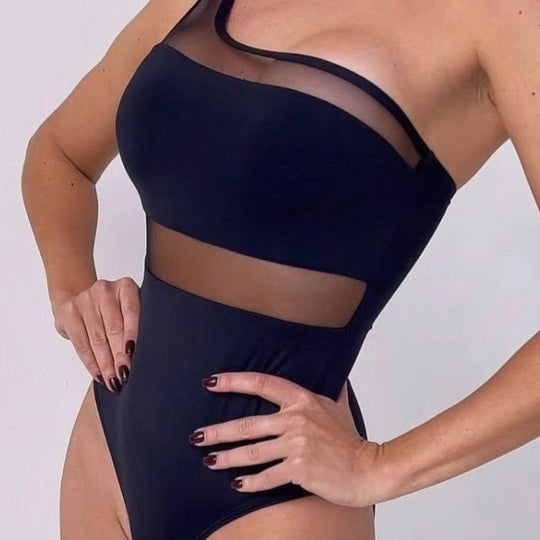 Damen Einteiler Badeanzug mit asymmetrischem Schnitt und transparenten Akzenten EB