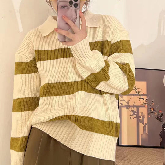 Damen Grob gestrickter Pullover mit modernem Streifenmuster und V-Ausschnitt EB