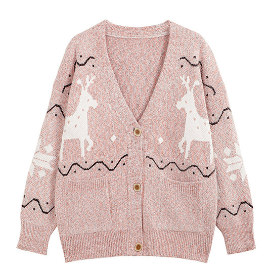 Damen Gemütlicher Cardigan mit Rentier-Motiv und Taschen EB