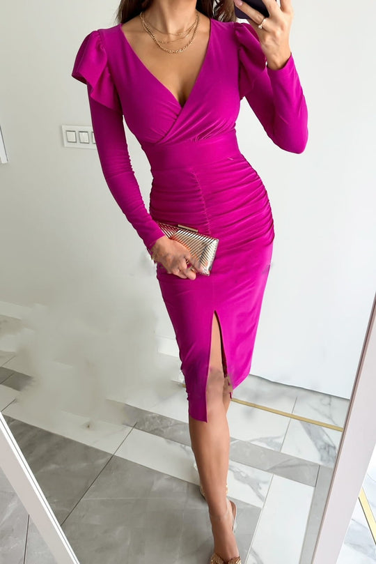 Damen figurbetontes Wickelkleid mit Rüschendetails und seitlichem Schlitz EB