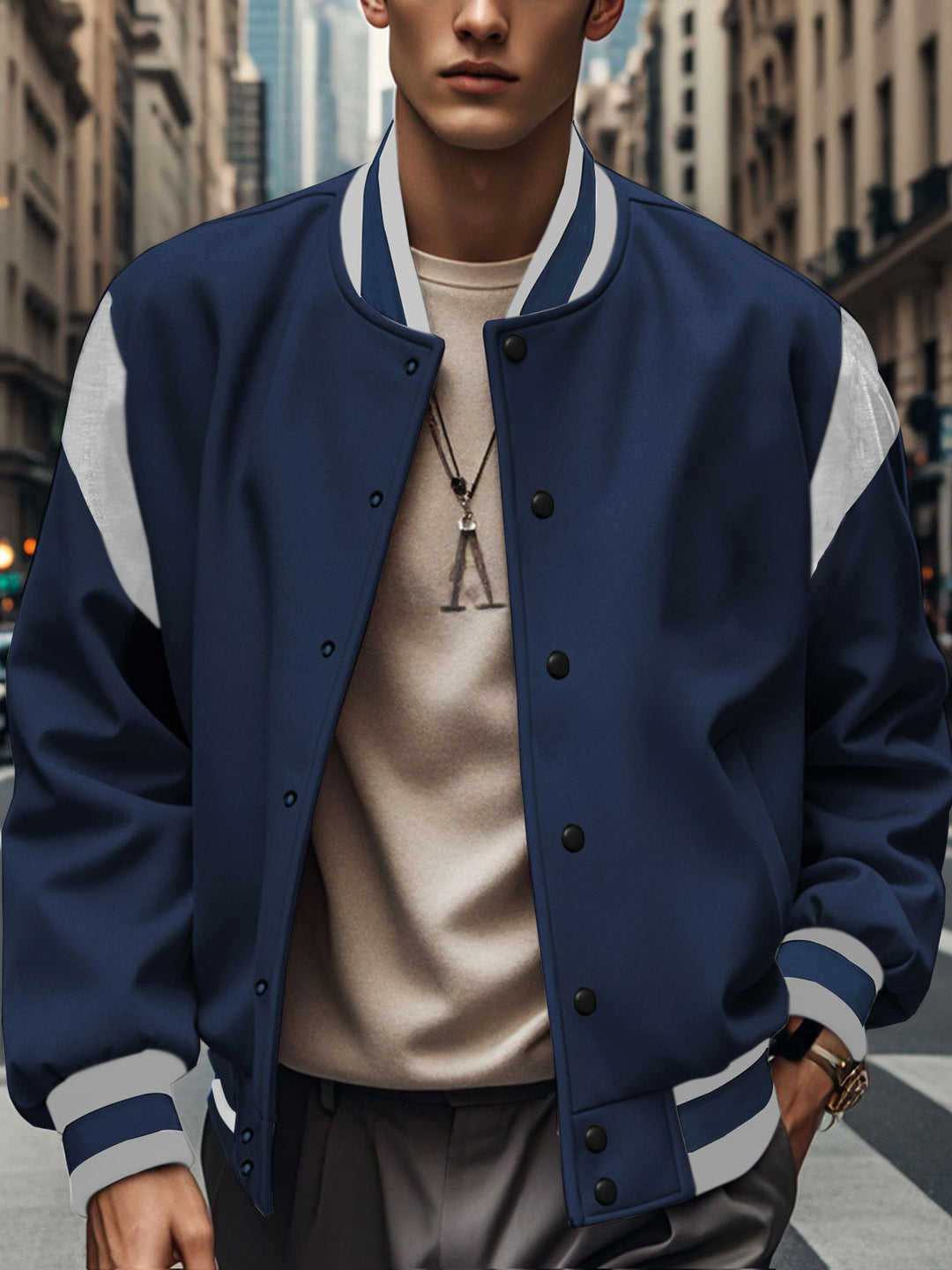 Herren nan leichte Collegejacke im Varsity-Look mit Druckknopfverschluss Rippbündchen und Kontrast-Schulterbesatz EB