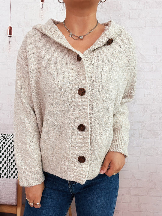 Damen kuschelige Strickjacke mit Kapuze und Knopfdetails EB