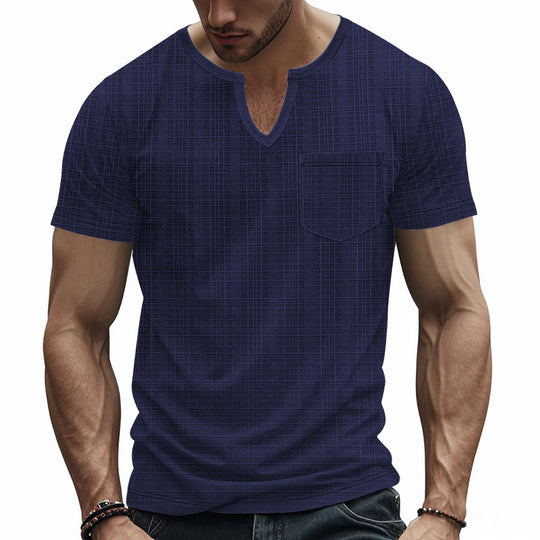 Herren nan Kurzarmshirt mit geschlitztem V-Ausschnitt strukturierter Leinenoptik und aufgesetzter Brusttasche EB