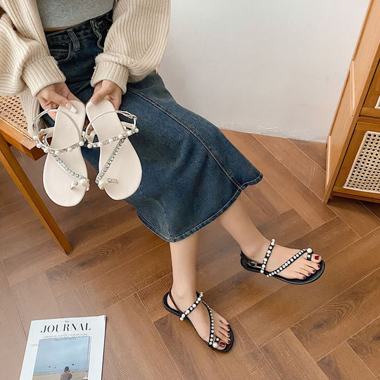 Damen elegante Flip-Flops mit perlverziertem Riemchen und Strass-Akzenten EB