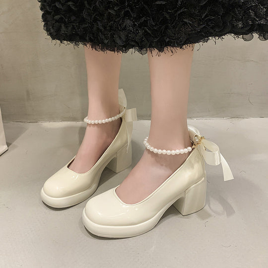 Damen Elegante Plateau-Pumps mit Perlen- und Schleifenverzierung EB