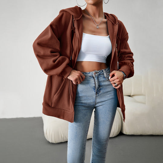 Damen nan kuscheliger Teddy-Fleece Zip-Hoodie mit Kapuze, tiefer Schulterpassform und Kängurutaschen EB