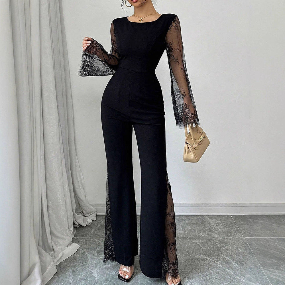 Damen Eleganter Jumpsuit mit schimmernder Spitze und weitem Bein EB