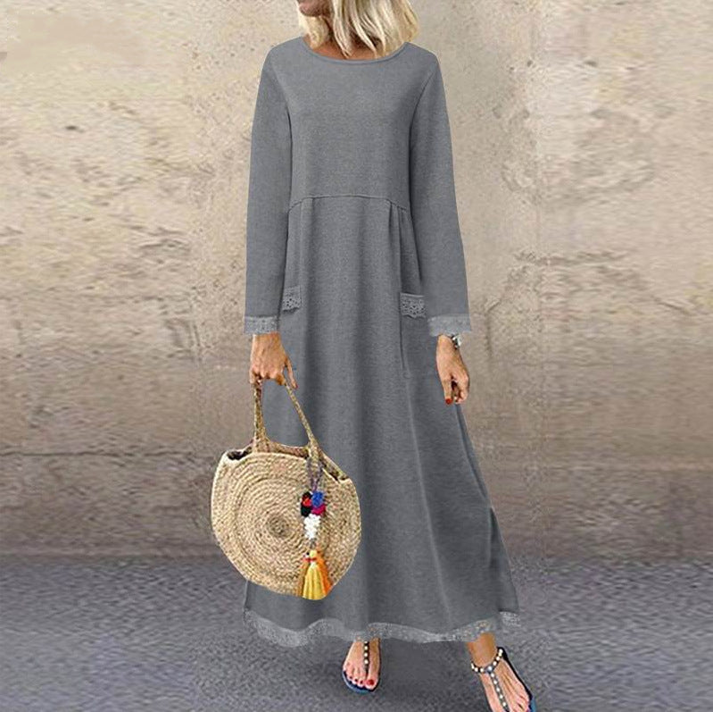 Damen nan Maxikleid mit lockerem A‑Linien Schnitt, Rundhalsausschnitt, aufgesetzten Eingrifftaschen und zierlichem Spitzenbesatz EB