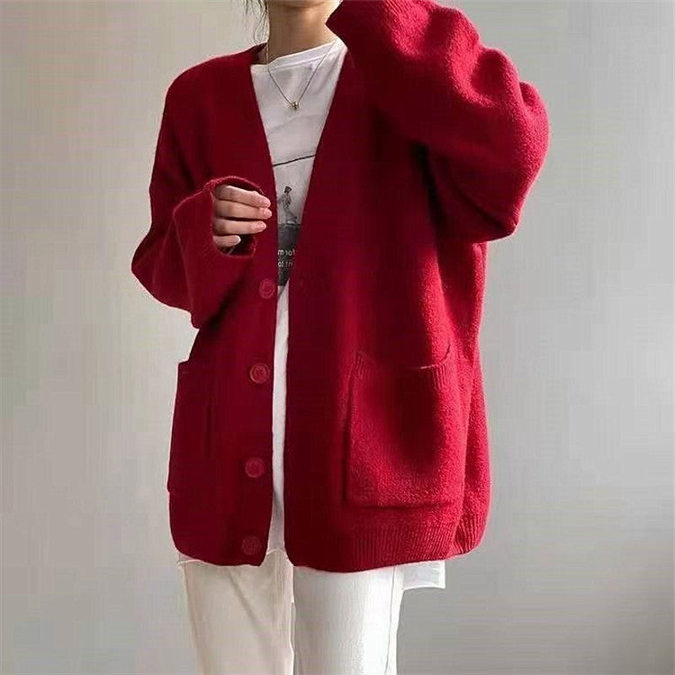 Damen Grob gestrickter Cardigan mit Taschen und V-Ausschnitt EB