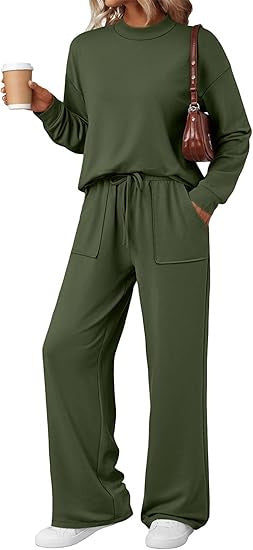 Damen Loungewear-Zweiteiler aus weichem Jersey mit Rundhalsausschnitt und weitem Kordelzug-Hose EB