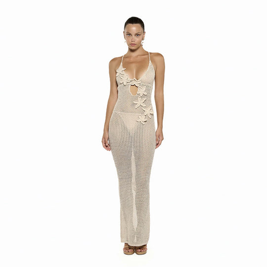 Damen Häkel-Strandkleid mit verspieltem Blütenmuster EB