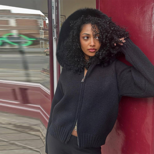 Damen Kuschelige Strickjacke mit Fellkragen EB