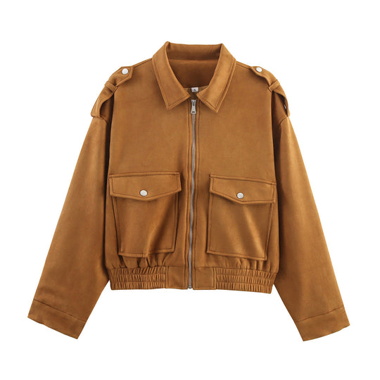 Damen lässige Kunstleder-Bomberjacke mit praktischen Taschen EB