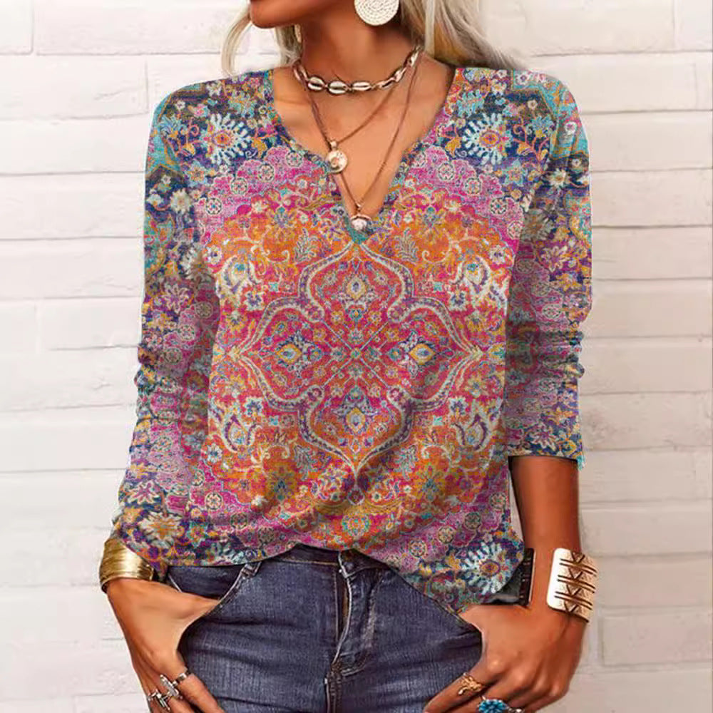 Damen Boho-Print V-Ausschnitt Tunika-Shirt EB