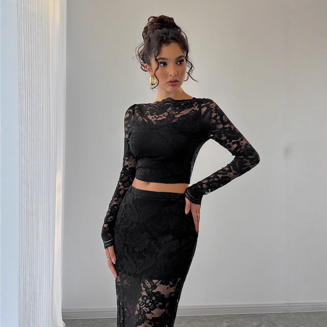 Damen nan zweiteiliges Spitzenensemble mit bauchfreiem Langarmoberteil und tailliertem Midirock EB