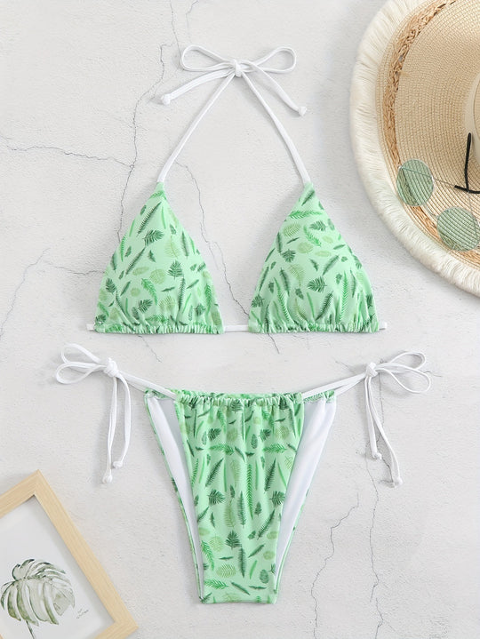 Damen trendiger Triangel-Bikini mit botanischem Muster EB