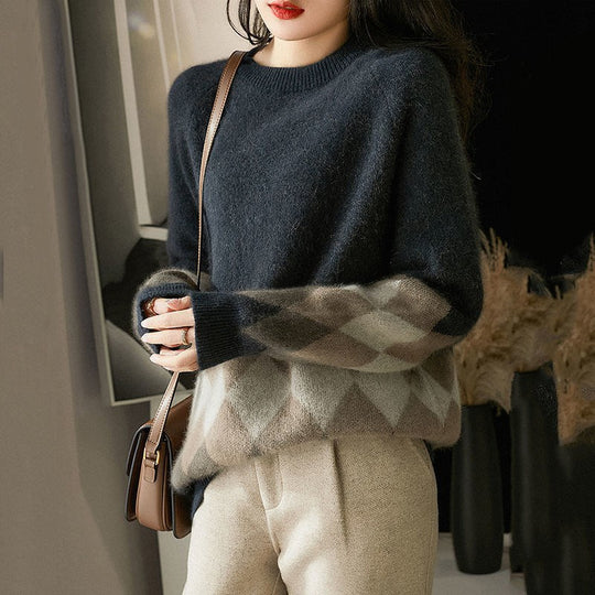 Damen lässiger Strickpullover mit modernem Rhombenmuster und weichem Material EB