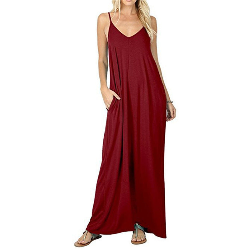 Damen Maxikleid mit spaghettiträgern und praktischen seitlichen Taschen EB