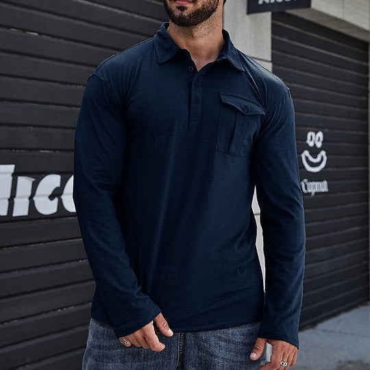 EB | Henley Pique Shirt Lange Ärmel Moderner Kragen Brusttasche Normale Passform