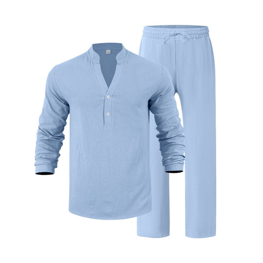 Herren nan legeres Henley-Set aus leichter Leinenoptik mit Stehkragen und elastischer Tunnelzughose EB
