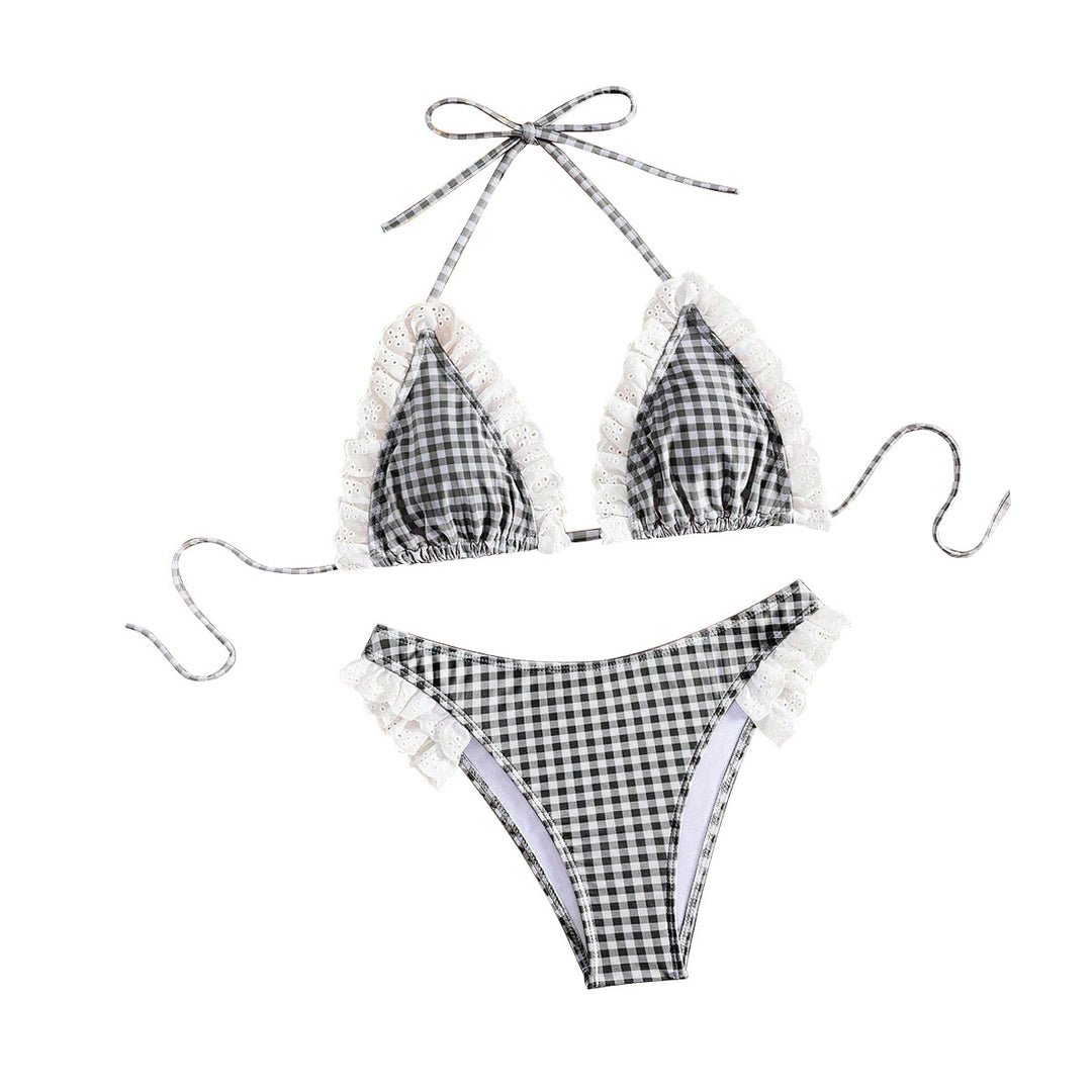 Damen Triangel-Bikini mit Rüschendetails und kariertem Design EB