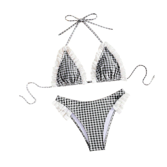 Damen Triangel-Bikini mit Rüschendetails und kariertem Design EB