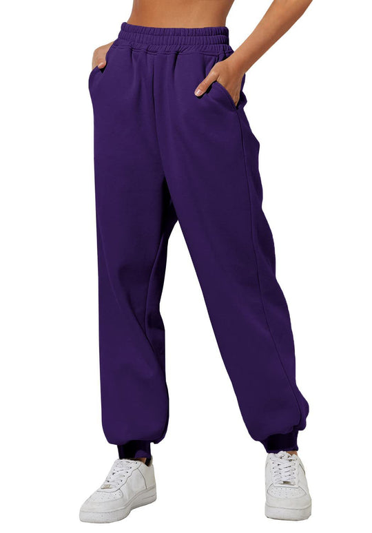Damen nan lockere High‑Waist Jogginghose mit doppellagigem Komfortbund, seitlichen Eingrifftaschen und gerafften Knöchelbündchen EB